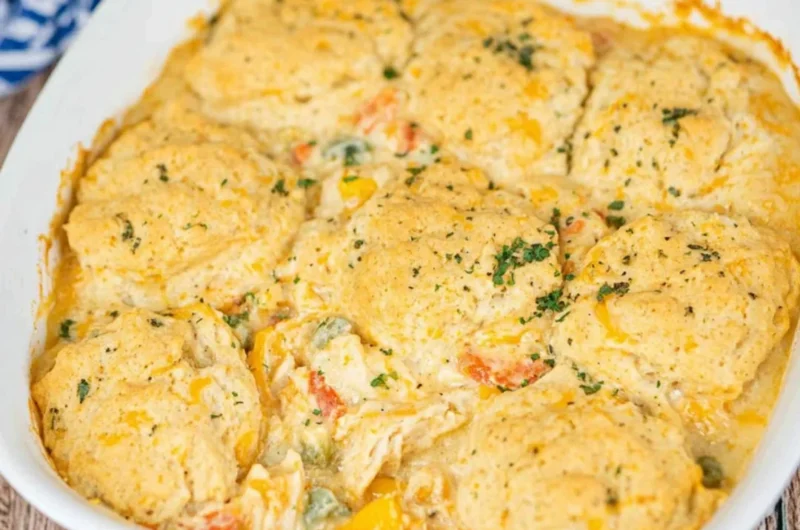 Delicious Cheddar Bay Chicken Pot Pie Casserole served in a baking dish.