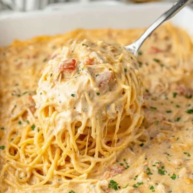 Delicious Cheesy Casserole served in a baking dish with melted cheese on top