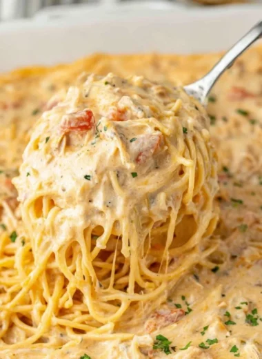 Delicious Cheesy Casserole served in a baking dish with melted cheese on top