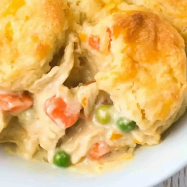 Delicious homemade Chicken Cobbler served in a rustic dish
