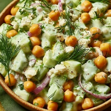 Chickpea Cucumber Salad topped with creamy yogurt dressing and fresh herbs