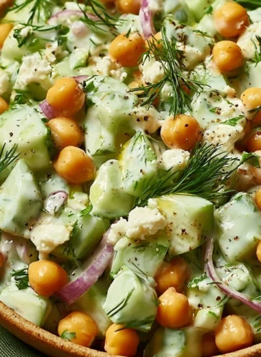 Chickpea Cucumber Salad topped with creamy yogurt dressing and fresh herbs