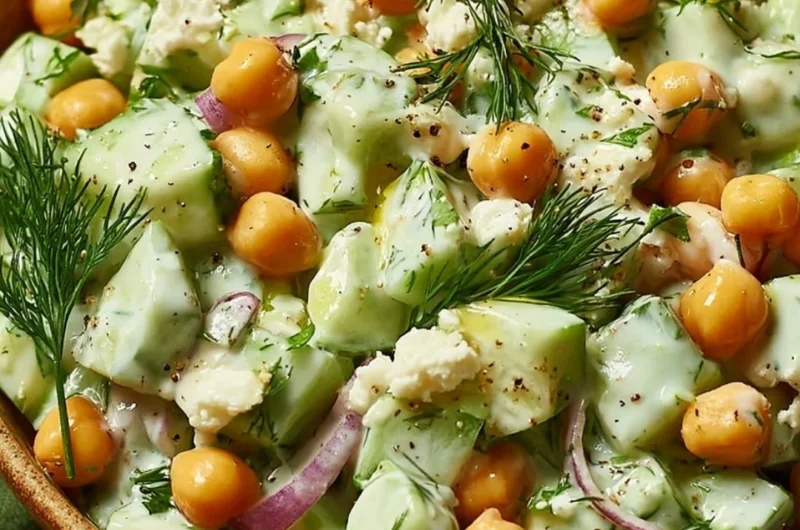 Chickpea Cucumber Salad topped with creamy yogurt dressing and fresh herbs