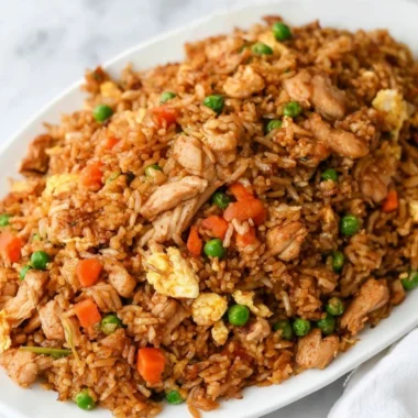 Plate of Chinese Chicken Fried Rice with vegetables and chicken garnished