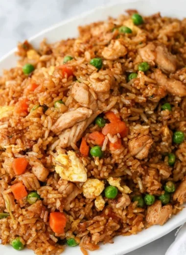 Plate of Chinese Chicken Fried Rice with vegetables and chicken garnished