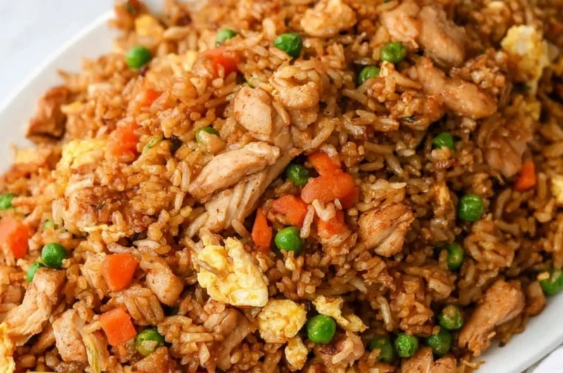 Plate of Chinese Chicken Fried Rice with vegetables and chicken garnished