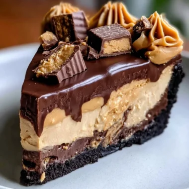 Delicious Chocolate Peanut Butter Pie with chocolate drizzle and crushed peanuts
