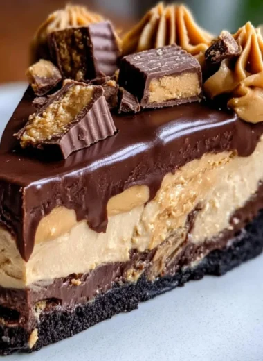 Delicious Chocolate Peanut Butter Pie with chocolate drizzle and crushed peanuts