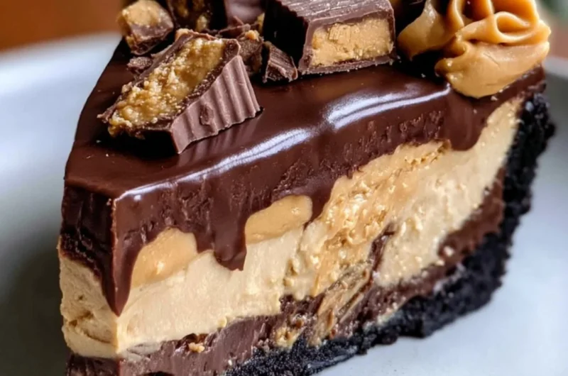 Delicious Chocolate Peanut Butter Pie with chocolate drizzle and crushed peanuts