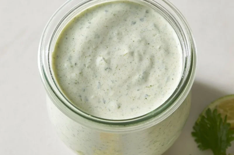Delicious cilantro lime cream served in a bowl with fresh cilantro leaves
