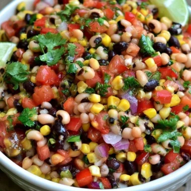Colorful bowl of Cowboy Caviar with black beans, corn, and vegetables.