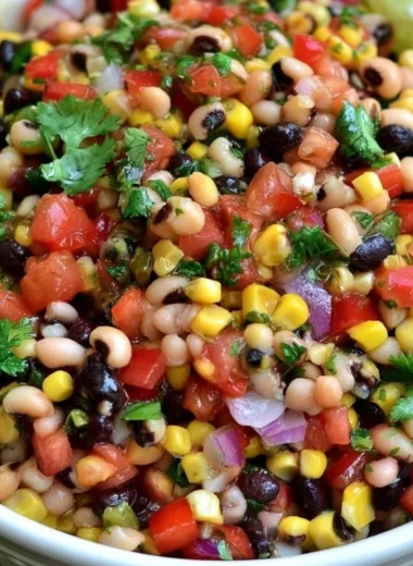 Colorful bowl of Cowboy Caviar with black beans, corn, and vegetables.
