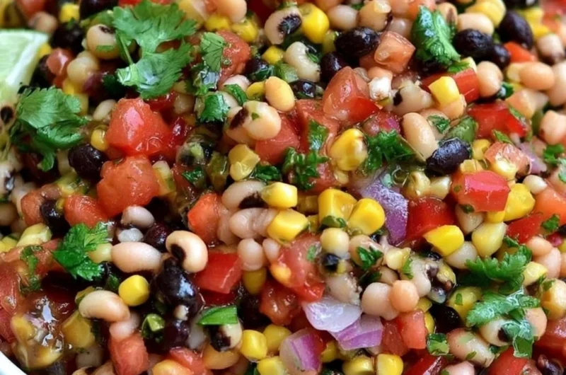 Colorful bowl of Cowboy Caviar with black beans, corn, and vegetables.