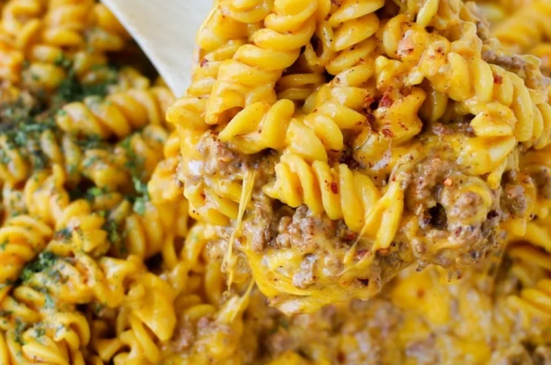 Creamy beef rotini pasta dish served in a bowl with herbs