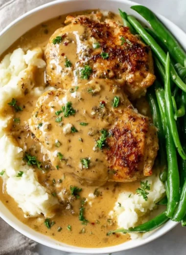 Creamy garlic chicken dish served with herbs and spices on a plate.