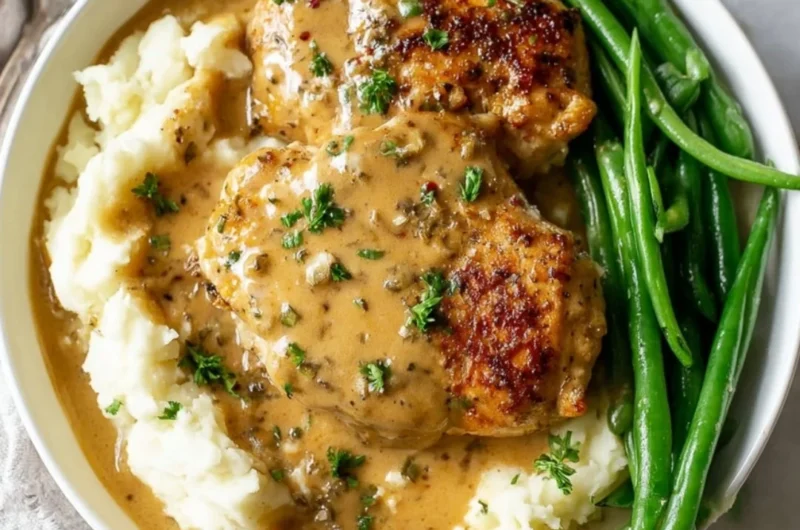 Creamy garlic chicken dish served with herbs and spices on a plate.