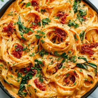 Creamy Vegan Sun-Dried Tomato Pasta in a bowl garnished with fresh herbs