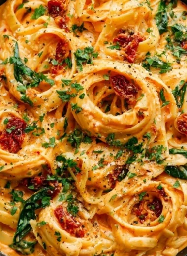 Creamy Vegan Sun-Dried Tomato Pasta in a bowl garnished with fresh herbs