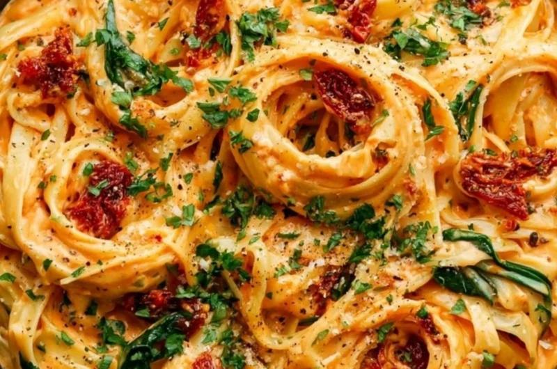 Creamy Vegan Sun-Dried Tomato Pasta in a bowl garnished with fresh herbs