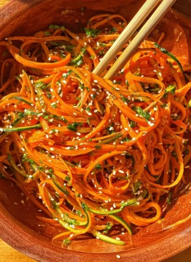 Fresh Cucumber Carrot Salad with a drizzle of dressing and herbs