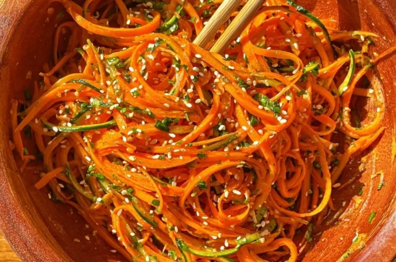 Fresh Cucumber Carrot Salad with a drizzle of dressing and herbs
