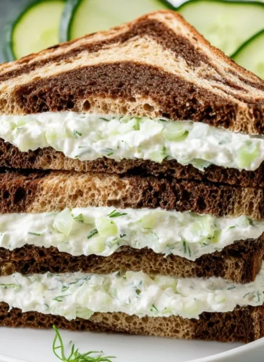 Delicious cucumber sandwiches with fresh herbs and creamy spread on white bread.