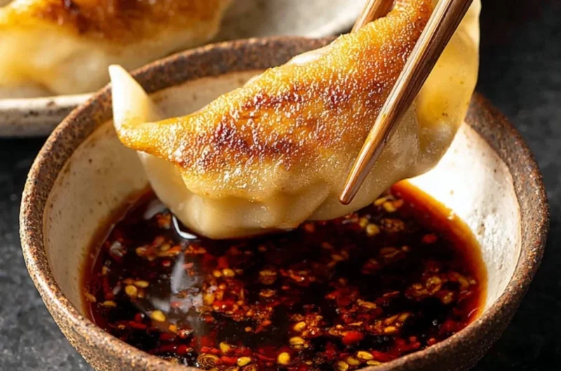 Delicious dumpling dipping sauce in a small bowl