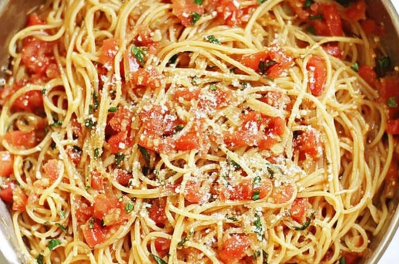 Delicious easy one-pot pasta with fresh ingredients and vibrant colors.