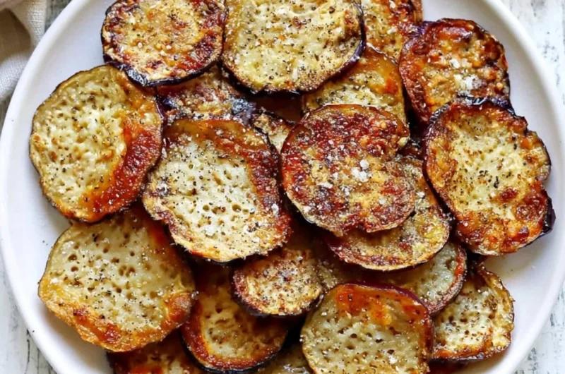 Bowl of homemade crispy eggplant chips served with dipping sauce