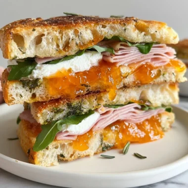 Goat's cheese and ham focaccia sandwich with apricot jam on a wooden board