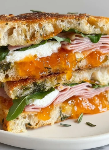 Goat's cheese and ham focaccia sandwich with apricot jam on a wooden board