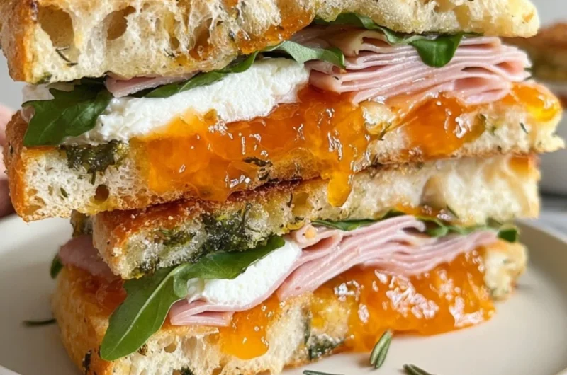 Goat's cheese and ham focaccia sandwich with apricot jam on a wooden board