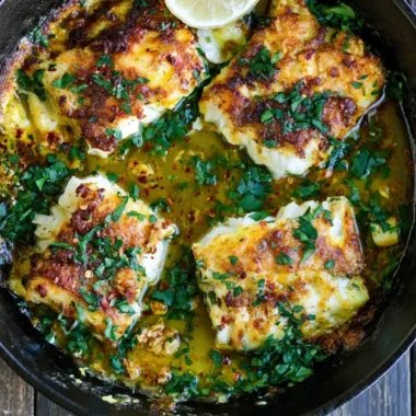 Greek Style Baked Cod served with lemon and herbs