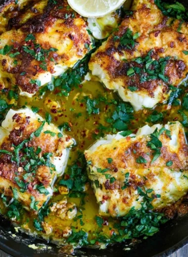 Greek Style Baked Cod served with lemon and herbs