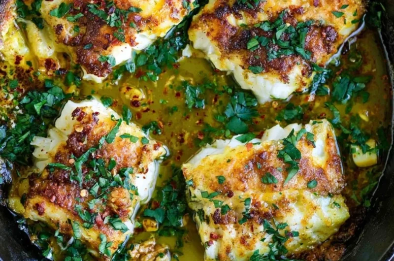 Greek Style Baked Cod served with lemon and herbs