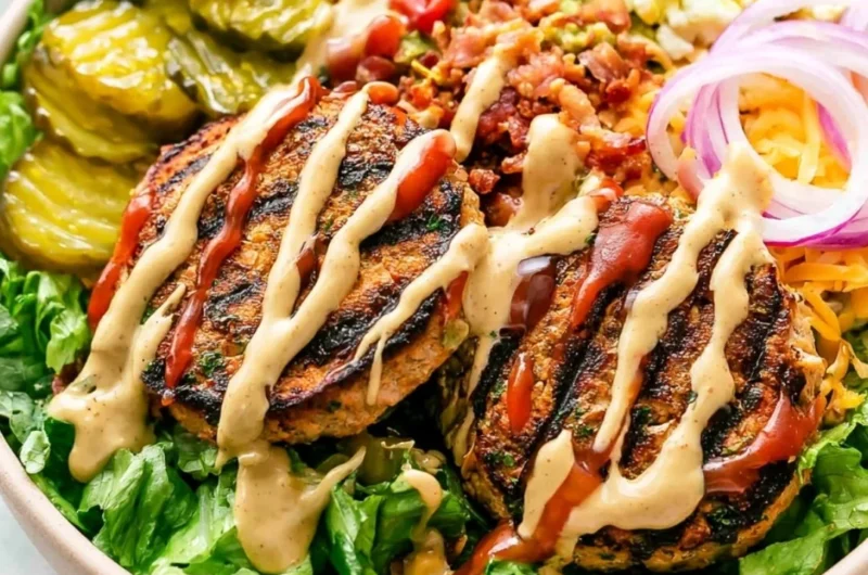 Healthy Burger Bowl with special sauce and fresh toppings
