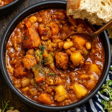 Bowl of hearty vegan sweet potato stew garnished with herbs