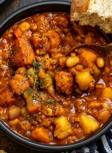 Bowl of hearty vegan sweet potato stew garnished with herbs