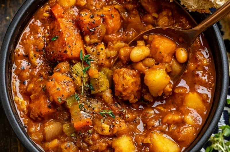 Bowl of hearty vegan sweet potato stew garnished with herbs