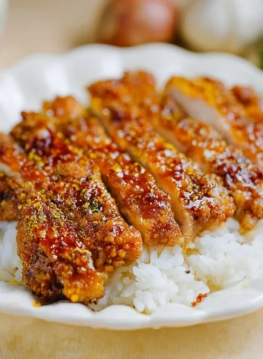 Honey Garlic Crispy Chicken served on a plate with garnishes.