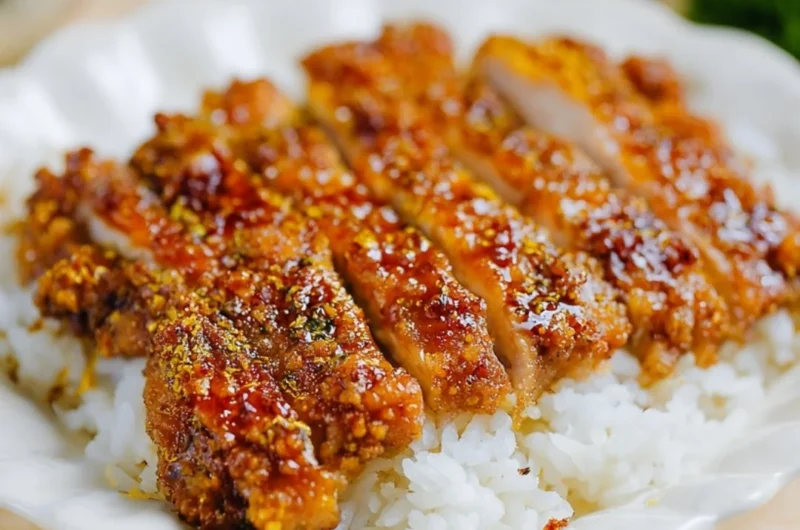 Honey Garlic Crispy Chicken served on a plate with garnishes.