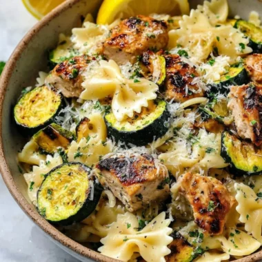Plate of Italian Lemon Chicken Pasta garnished with fresh herbs