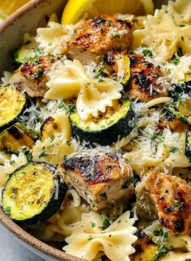 Plate of Italian Lemon Chicken Pasta garnished with fresh herbs