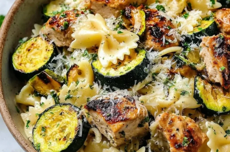 Plate of Italian Lemon Chicken Pasta garnished with fresh herbs
