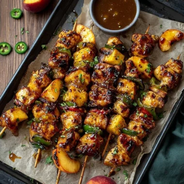 Jalapeno Peach Chicken Skewers garnished and ready to grill, showcasing vibrant colors.