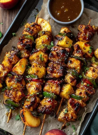 Jalapeno Peach Chicken Skewers garnished and ready to grill, showcasing vibrant colors.