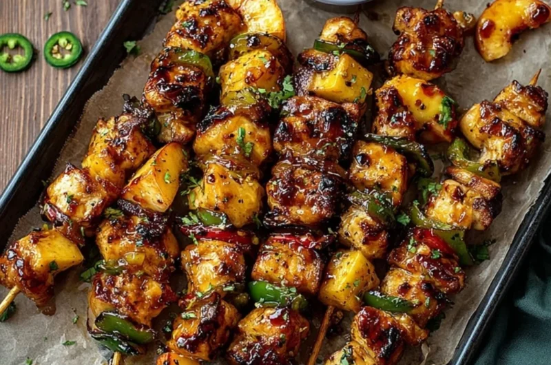 Jalapeno Peach Chicken Skewers garnished and ready to grill, showcasing vibrant colors.