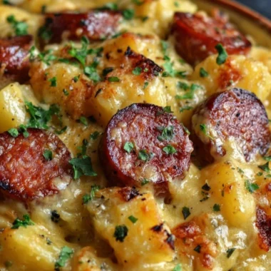 Delicious Kielbasa sausage cheesy potato casserole baked to perfection