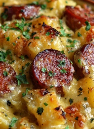 Delicious Kielbasa sausage cheesy potato casserole baked to perfection