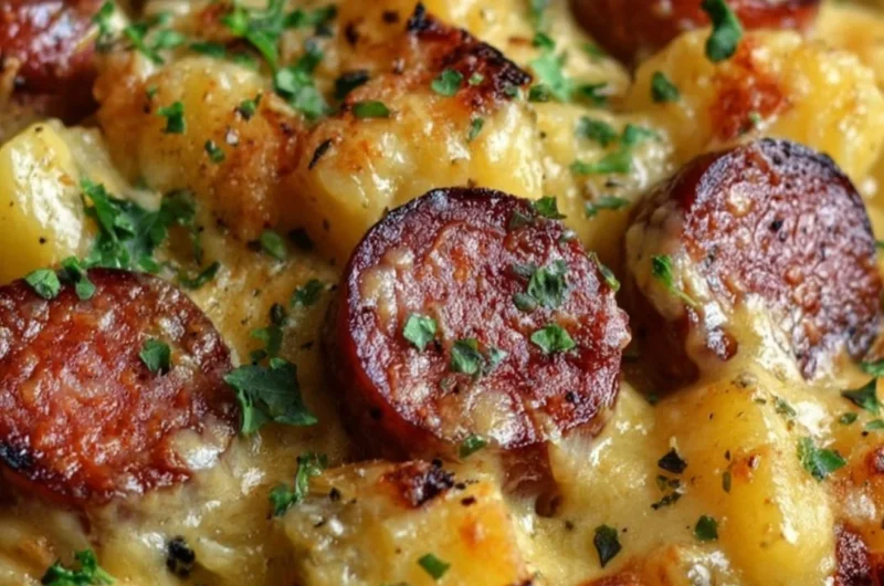 Delicious Kielbasa sausage cheesy potato casserole baked to perfection